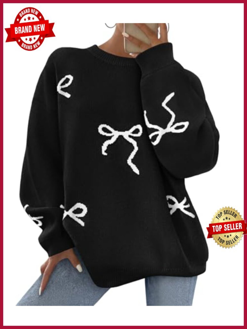 Oversized Chunky Knit Bow Sweater Long Sleeve Crew Neck Pullover